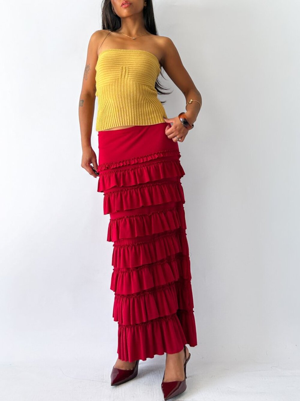 Vintage Y2K OXOXO Collection Red Tiered Ruffle Maxi Skirt - Made in USA Size L
